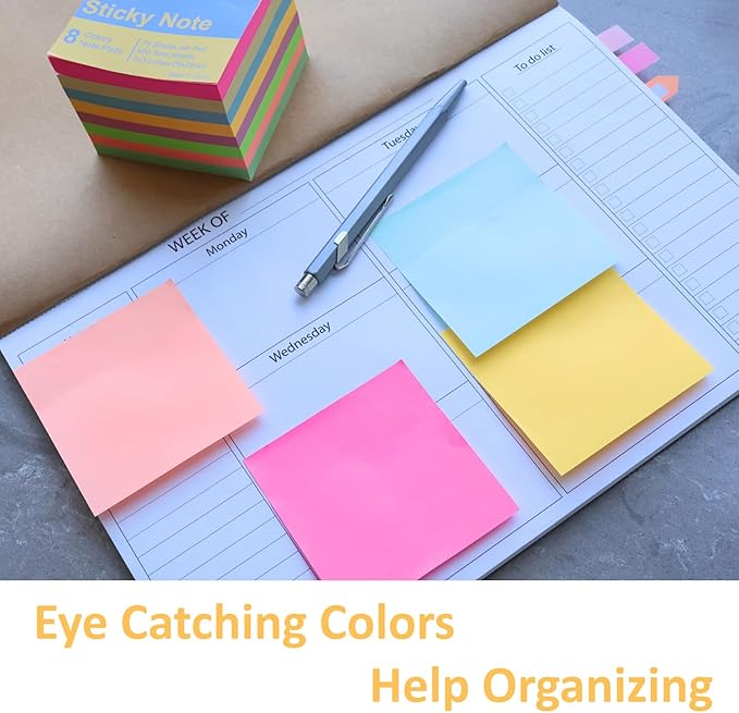 Sticky Notes 3x3 in, 8 Pads, 75 Sheets/Pad, Use as Bright Colors Self-Stick Pads, Note Taking Sticky Note Pads, Recyclable, Easy to Post for Home, Office, Notebook