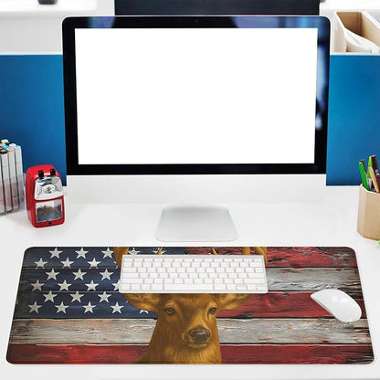 American Deer Desk Pad Mouse Pad Buck Rustic Patriotic Flag Wood Mousepad XL Large Gaming Mouse Pad Laptop Keyboard Mat Desk Pad 31.5"x11.8"