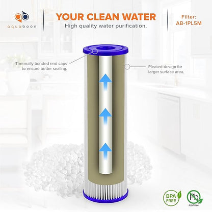 Aquaboon 5 Micron 10x2.5 Whole House Pleated Sediment Filter Cartridge for Well Water Filter Replacement Compatible with WFPFC3002, WHKF-WHPL, 50-Pack