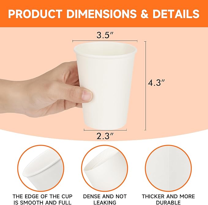 Disposable Paper Cups 12 oz [100 Pack], White Hot Coffee Cups, 12 oz Paper Coffee Cups, Thickened Design for Cafes, Bistros, Parties, and Events