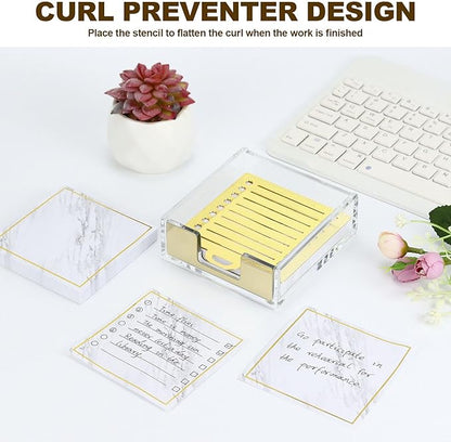 Buqoo Gold Acrylic Sticky Note Holder with Metal Stencil, 2* Sticky Notes 3"x3", Post It Note Dispenser Sticky Note Pad Holder Organizer for to Do Lists, Grocery Lists, Project Lsts It Holds