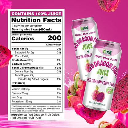 VINUT 100% Red Dragon Fruit Juice with Pulp (Pitaya), No Added Sugar, Not From Concentrate, 16.57 fl oz (490 mL) Can, Pack of 12