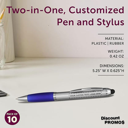 DISCOUNT PROMOS 10 Stylus Ballpoint Pens in Assorted Colors Pack - Customizable Text, Logo - Two in One, Ergonomic, Black Ink - Assorted