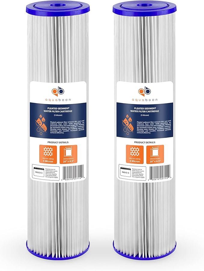 Aquaboon 5 Micron 20 x 4.5 Whole House Pleated Water Sediment Filter Replacement Water Filter Cartridge Compatible with ECP5-20BB, SPC-45-2005, 2-Pack