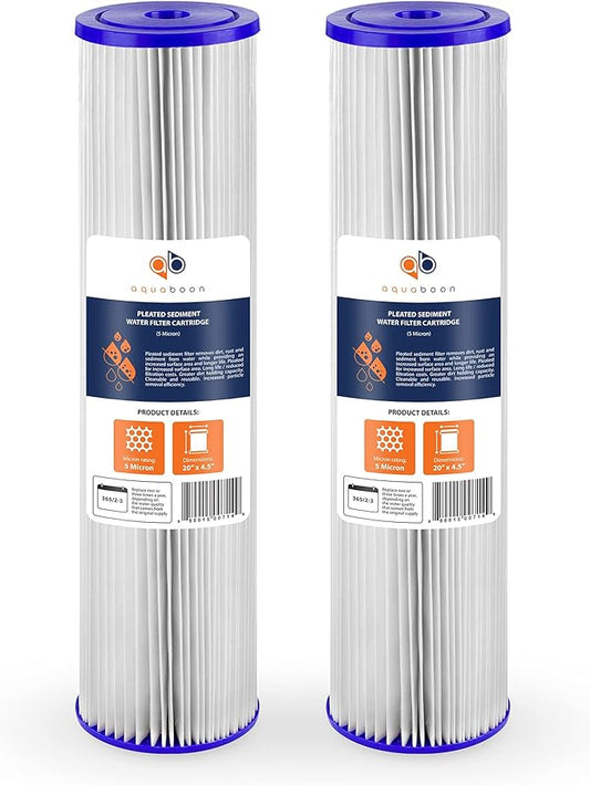 Aquaboon 5 Micron 20 x 4.5 Whole House Pleated Water Sediment Filter Replacement Water Filter Cartridge Compatible with ECP5-20BB, SPC-45-2005, 2-Pack