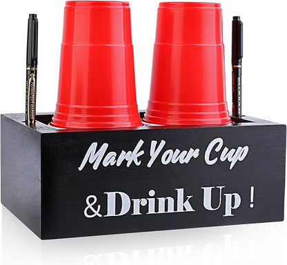 Wooden Cup Holder with Marker Slot, Disposable Cup Dispenser with Marker for Party, Family Gathering & Holiday Events