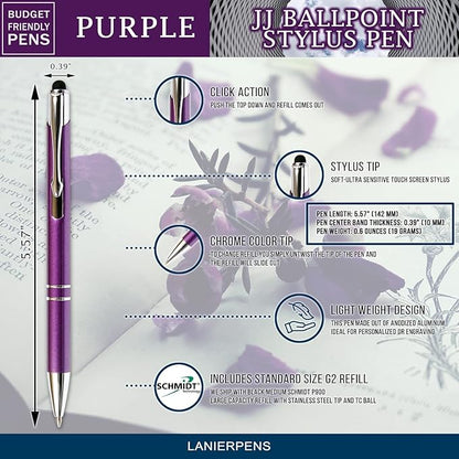 Purple JJ Ballpoint Pen with Stylus - Black Ink Refill, Medium Tip Point