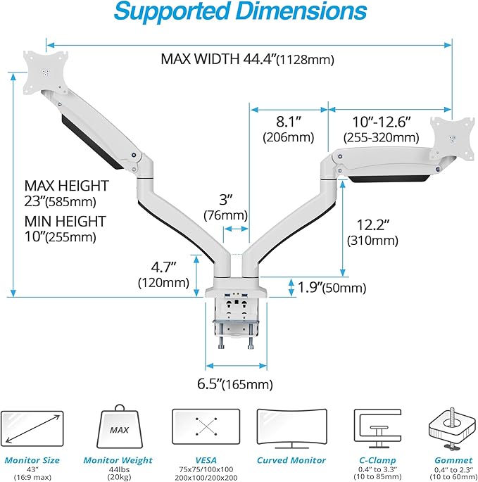 AVLT Dual 13"-43" Monitor Arm - Desk Mount for Two Flat/Curved Monitors - Full Motion Height Swivel Tilt Rotation Adjustable - White/VESA/C-Clamp/Grommet/Cable Management