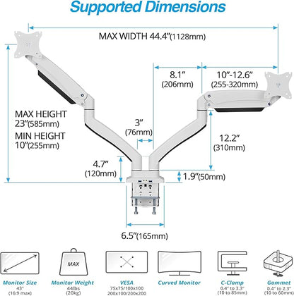 AVLT Dual 13"-43" Monitor Arm - Desk Mount for Two Flat/Curved Monitors - Full Motion Height Swivel Tilt Rotation Adjustable - White/VESA/C-Clamp/Grommet/Cable Management