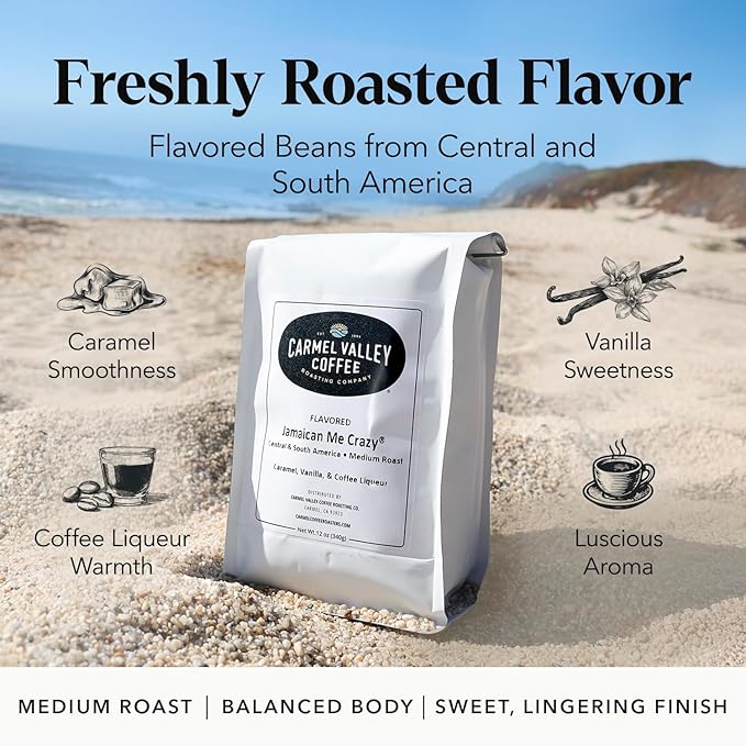 Carmel Valley Coffee Roasting Jamaican Me Crazy® – Medium Roast, Whole Bean, Caramel, Vanilla & Coffee Liqueur Flavored, 12 Ounce Bag (Pack of 1)