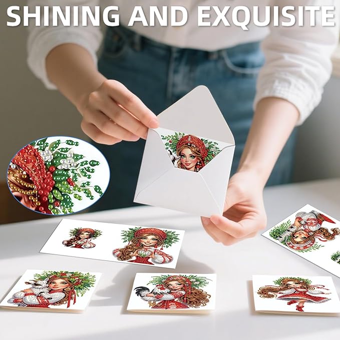 jinglinhh 12pcs Diamond Art Painting Boys and Girl in Red Greeting Cards with Envelopes, DIY Card Making Kits for Adults, Diamond Art Christmas Cards for Birthday Holiday Postcards Craft Gifts