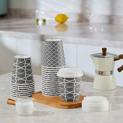 JOLLY PARTY Disposable Coffee Cups with Lids -10 oz (100 Sets) To Go Coffee Cups, Paper Cups for Beverages Espresso Tea, Suitable for Cafes, Offices and Home