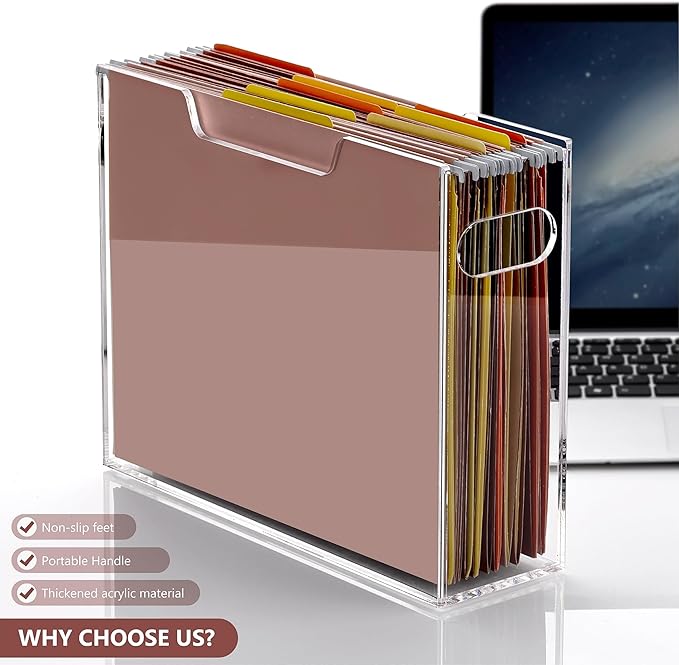 DINGHUO Acrylic File Organizer Box Letter Size Hanging File Organizer, Clear Folder Holder Portable File Box with Handle, Storage Filing Organizer for Desk, Office, School - 1 Pack