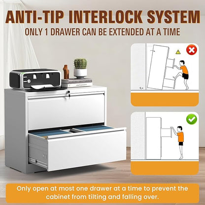 2-Drawer Lateral File Cabinet with Lock, Black Metal Filing Cabinet for Office or Home – Secure Storage for Letter/Legal/A4/F4 Documents, Easy to Assemble Locking File Organizer (White, 2 Drawer-28"H)