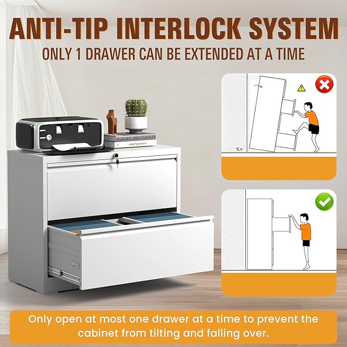 2-Drawer Lateral File Cabinet with Lock, Black Metal Filing Cabinet for Office or Home – Secure Storage for Letter/Legal/A4/F4 Documents, Easy to Assemble Locking File Organizer (White, 2 Drawer-26"W)