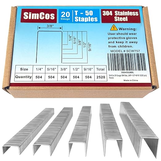 20 Gauge 304 Stainless Steel T/50 Staples - 3/8" Crown Upholstery Staples, 1/4"~9/16" Leg Length, 1008 Counts, Compatible with Staple Gun & T-50 Stapler (1/4"+5/16"+3/8"+1/2"+9/16"-2520 pcs)