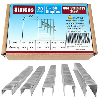20 Gauge 304 Stainless Steel T/50 Staples - 3/8" Crown Upholstery Staples, 1/4"~9/16" Leg Length, 1008 Counts, Compatible with Staple Gun & T-50 Stapler (1/4"+5/16"+3/8"+1/2"+9/16"-2520 pcs)