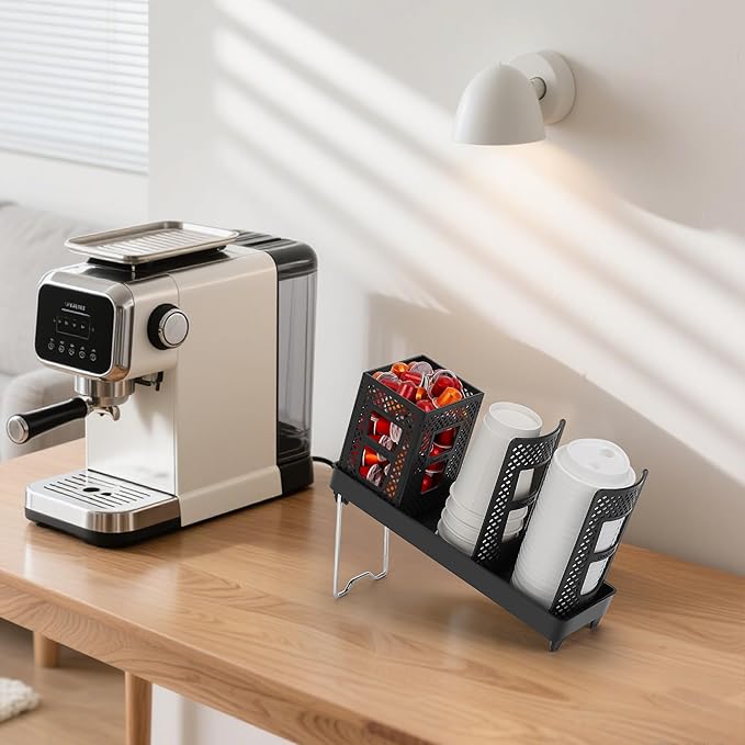 Coffee Cup Dispenser with Straws Holder, Plastic Coffee Cup and Lid Holder, 5-20oz Disposable Paper Cups Organizer for Countertop, Station, Bar, Office, Restaurant, Breakroom(3 Compartments)