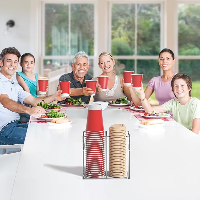 WINFFOR Disposable Cup Organizer Dispenser - 2 Compartments Clear Acrylic Cup and Lid Holder with Handles Plastic Cup Dispenser Countertop Paper Cup Holder for Coffee Bar House Party Essentials