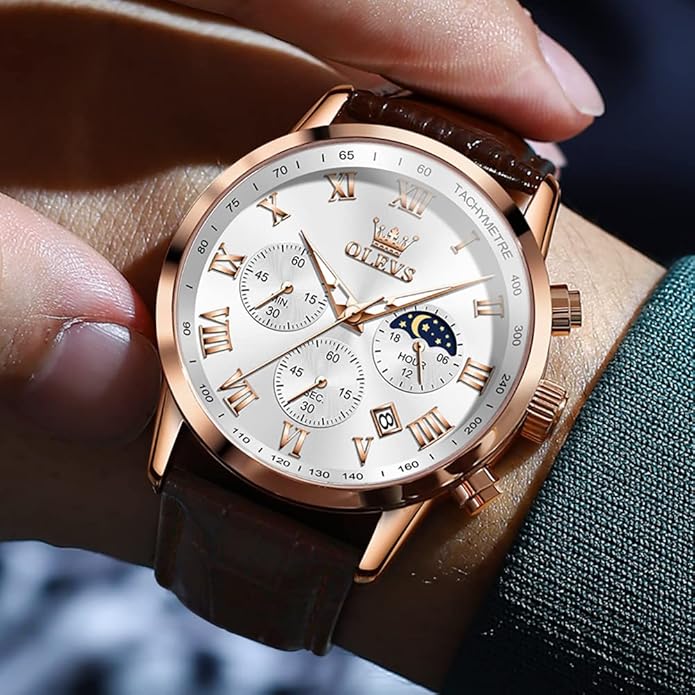 OLEVS Men's Leather Analog Quartz Watch - Luxury Chronograph Wristwatch With Date, Waterproof, Luminous - Dress Style
