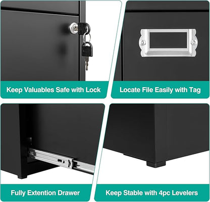 SISESOL 2 Drawer File Cabinet with Lock,Narrow Vertical Filing Cabinet,Under Desk File Cabinets,Black Metal File Cabinets for Home Office,Fit Letter/A4/Legal Size File,Easy Assembly
