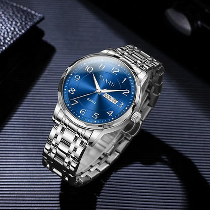 Stainless Steel Mens Watches with Day Date Quartz Analog Large Face Classic Watch Arabic Numerals Dress Luminous Rlojes para Hombres