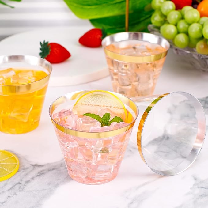 WELLIFE 120 PCS Gold Plastic Cups,9 oz Clear Plastic Cups,Disposable Wine Glasses for Party and Wedding