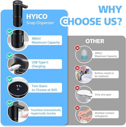 Automatic Foaming Soap Dispenser Touchless, 15.55 oz/460mL USB C Rechargeable Hand Sanitizer Dispenser with Auto Clean, 5 Adjust Volume,°C&℉ display, Waterproof Pump for Bathroom Kitchen (Black)