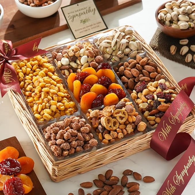 Broadway Basketeers Fruit & Nuts Sympathy Gift Basket - Gourmet Bereavement & Condolence Care Package with Assorted Healthy Snacks - Thoughtful Sympathy Gifts for Loss of Loved One, Grief, Funeral