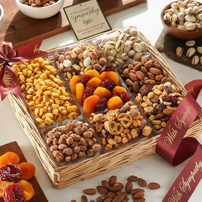 Broadway Basketeers Fruit & Nuts Sympathy Gift Basket - Gourmet Bereavement & Condolence Care Package with Assorted Healthy Snacks - Thoughtful Sympathy Gifts for Loss of Loved One, Grief, Funeral