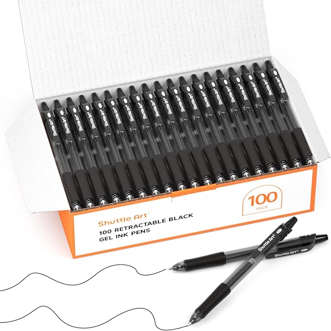 Shuttle Art Black Gel Pens, 100 Pack Retractable Medium Point Rollerball Gel Ink Pens Smooth Writing with Comfortable Grip for Office School Home Work
