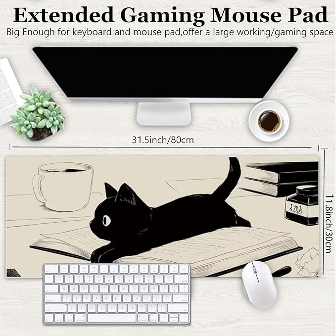 Gaming Mouse Pad XL Extended Anime Mouse Pad 31.5x11.8inch, Large Cute Kawaii Big Computer Mouse Mat Desk Pad Home Office-Black Reading Cat