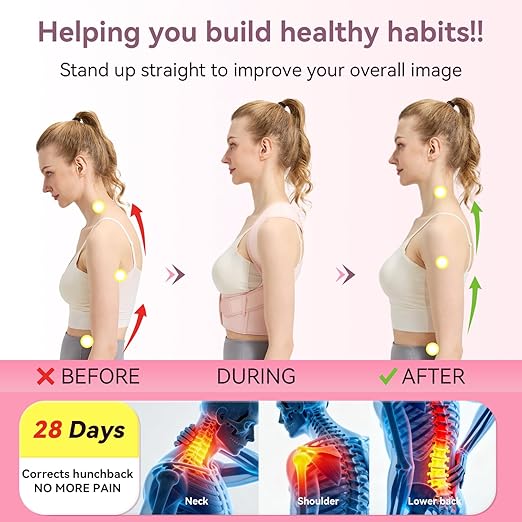 Posture Corrector for Women and Men,Adjustable Shoulder Straightener,Back Support Brace,Upper Spine scoliosis, hunchback Pink Large