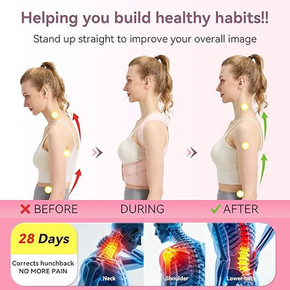 Posture Corrector for Women and Men,Adjustable Shoulder Straightener,Back Support Brace,Upper Spine scoliosis, hunchback Pink Large
