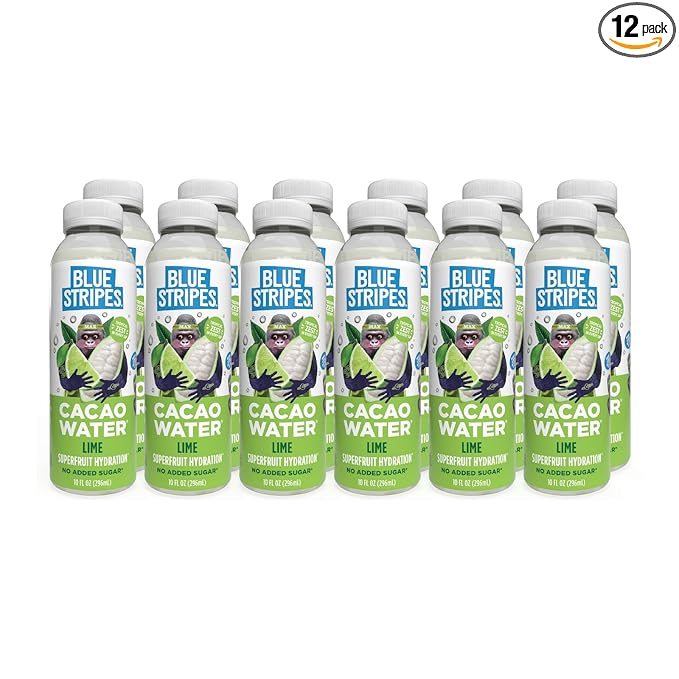 Blue Stripes Cacao Water - Cold Pressed Superfruit Hydration with Electrolytes & Antioxidants, No Sugar Added, All Natural, Great for Protein Shakes & Smoothies - Lime, 12 Pack