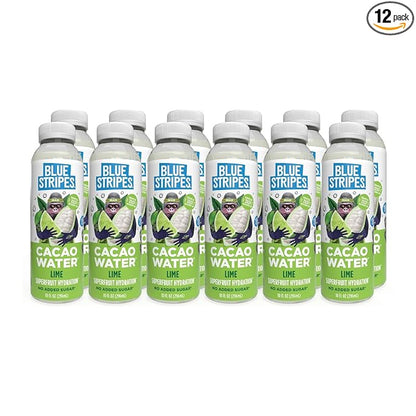 Blue Stripes Cacao Water - Cold Pressed Superfruit Hydration with Electrolytes & Antioxidants, No Sugar Added, All Natural, Great for Protein Shakes & Smoothies - Lime, 12 Pack