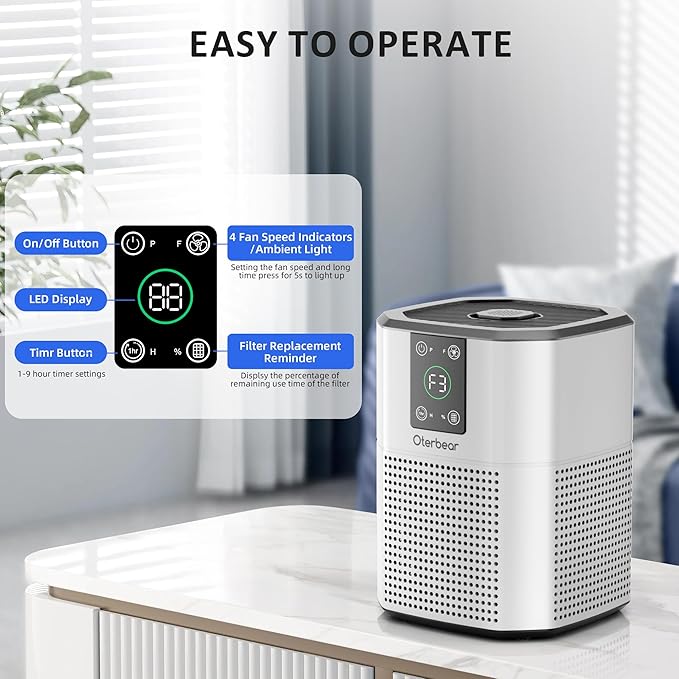 Air Purifiers for Bedroom Home Up to 1350 Ft², Oterbear Room Air Cleaner with H13 True HEPA Filter with Sleep Mode, Aroma Function, Ambient Light, Remove Dander Smoke Pollen Odor, White