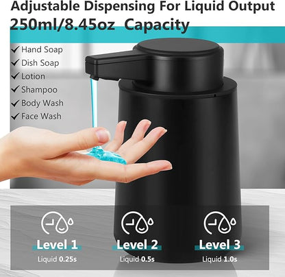 Automatic Soap Dispenser Liquid Touchless: 9oz Plastic Black 3-Level Adjustable Modern Rechargeable Electric Smart Auto Soap Dispenser - Bathroom Kitchen Hand Dish Lotion