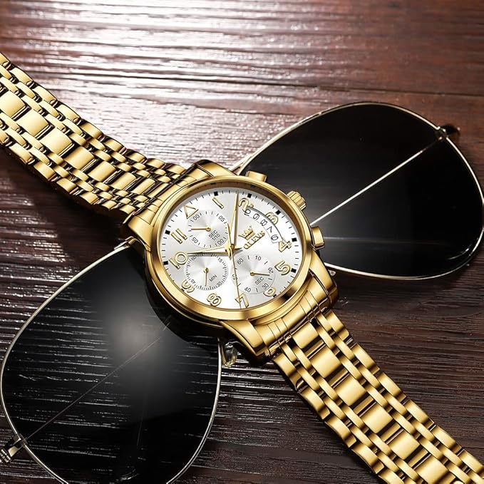 OLEVS Men's Stainless Steel Chronograph Watch, Big Face Gold Silver Black Tone Easy to Read Analog Quartz Watch, Luxury Waterproof Date Diamond Roman Arabic Numerals Dial Dress Watch for Men