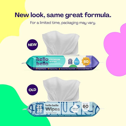 Hello Bello Premium Fragrance-Free Baby Wipes, with Chamomile & Aloe Extracts for Sensitive Skin - 9 Resealable Packs = 540 Total Wipes