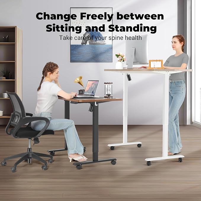 Electric Standing Desk 63 x 24 Inches Adjustable Height Ergonomic Curved Sit Stand Up Desk for Home Office Computer Desk Memory Preset with Wheels and Black Frame/Brown Top