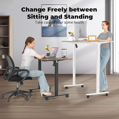 Electric Standing Desk 63 x 24 Inches Adjustable Height Ergonomic Curved Sit Stand Up Desk for Home Office Computer Desk Memory Preset with Wheels and Black Frame/Brown Top