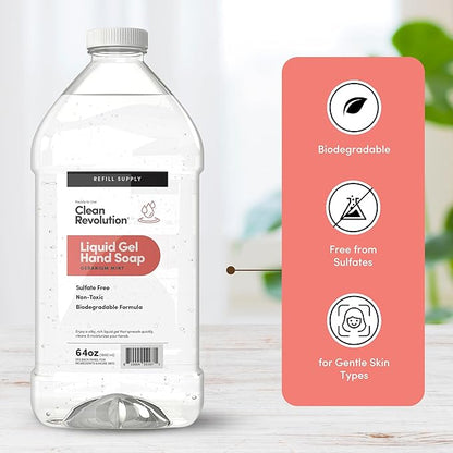 Clean Revolution Liquid Gel Hand Soap, Silky Rich Liquid, Quick Lather, Fast Rinsing, Contains Real Essential Oils (Geranium Mint) 64 Fl Oz