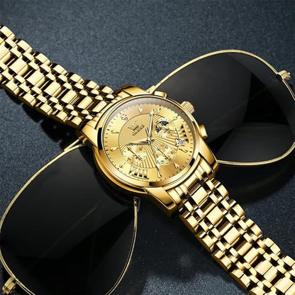 OLEVS Men's Luxury Watch Waterproof Luminous Easy Read Chronograph Watches Full Gold/White Dail/Black Face with Calendar Wristwatch