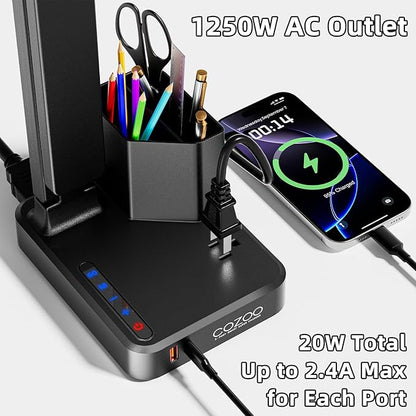 cozoo LED Desk Lamps for Home Office, Modern Dimmable Eye Caring Desk Light with USB Charging Ports AC Outlet, Pen Holder,Touch/Memory/Timer, Kids Small Table Lamp for Reading, Bedroom, Study, Craft