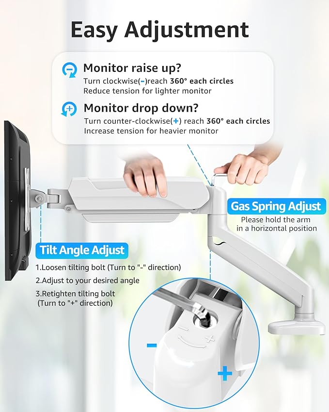 MOUNTUP Single Monitor Desk Mount Holds Screen up to 32 inch, Adjustable Gas Spring Monitor Arm, Computer Monitors Stand with Clamp/Grommet Mounting Base, VESA Mounts Fit 4.4-17.6lbs Computer, White