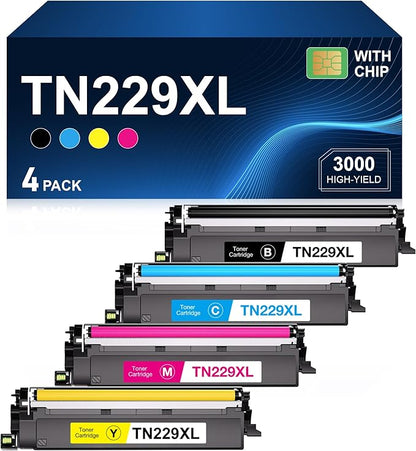 Compatible TN229 TN229XL Toner Cartridge Replacement for Brother TN229XL TN-229 XL to use with MFC-L3720CDW HL-L3220CDW HL-L3280CDW HL-L3300CDW MFC-L3780CDW Printer (4 Pack, BK/C/M/Y)