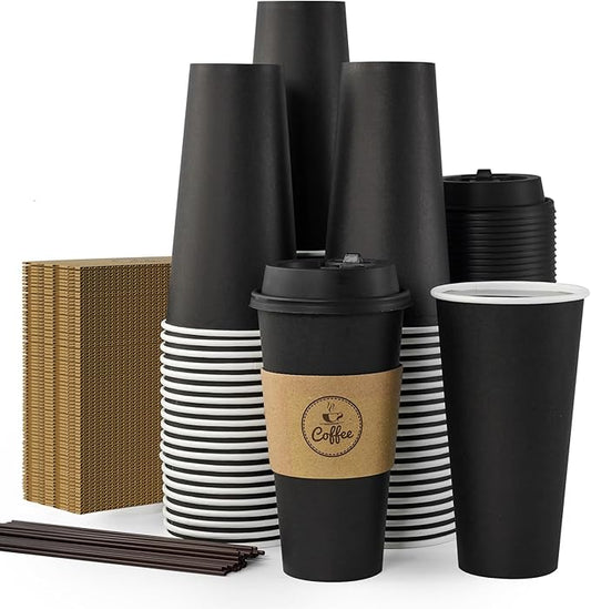 JOLLY CHEF 100 Count 20 oz Black Paper Coffee Cups with Lids, Sleeves and Stirrers for Home, Office, Kitchen, Cafes, Disposable Hot Paper Cups for all Kinds of Beverages