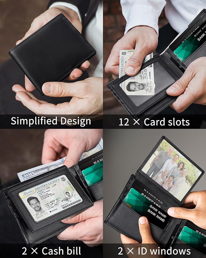 Genuine Leather Wallet for Men Bifold RFID Blocking Wallets with 12 Card Slots, 2ID Window & 2 Cash Pocket - Includes Gift Box