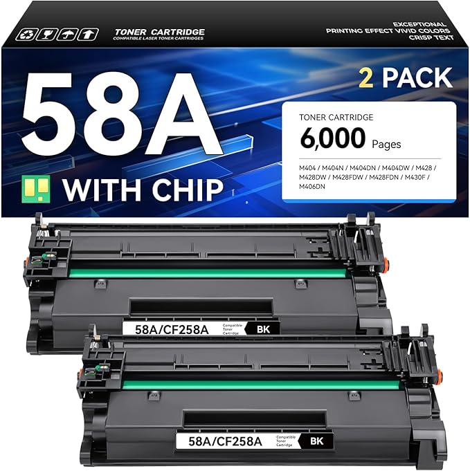 58A Toner Cartridge Black 2-Pack with Chip High Yield Replacement for HP 58A CF258A 58X Compatible with HP Laserjet Pro MFP M428dw M428fdn M428fdw M404dn M404dw M404n Enterprise M430f M406dn Printer